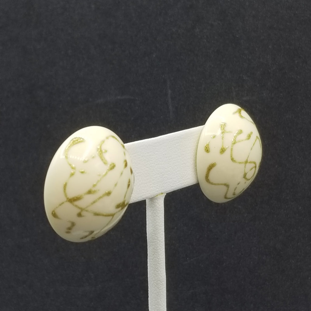 Vintage 1980's Pierced Earrings Blue White and Gold Acrylic Dome Button Stud 1"