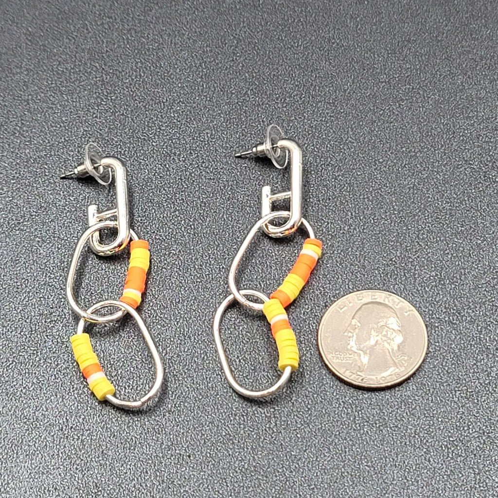 Pierced Earrings Silver tone Dangle Rings Yellow Orange Beads 2.75"