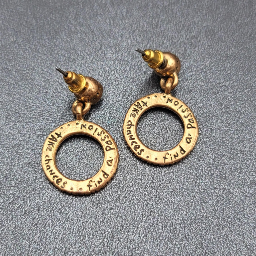 Pierced Earrings TAKE CHANCES FIND A PASSION Gold tone Dangle Hidden  1 1/8"