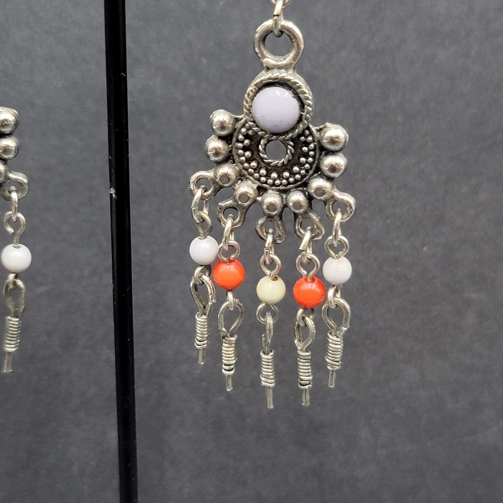 Boho Pierced Earrings Silver tone Beaded Chandelier 2.25"