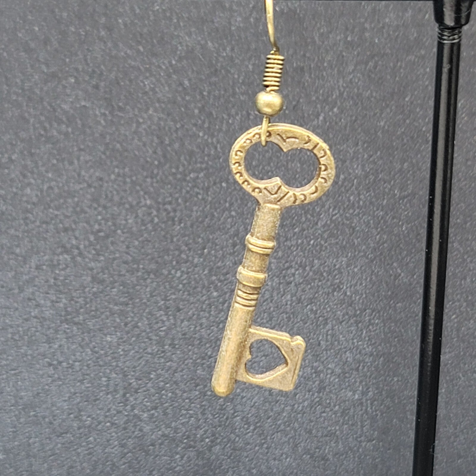 New Heart Skeleton Key Pierced Earrings Bronze tone Dangle 1 3/8"
