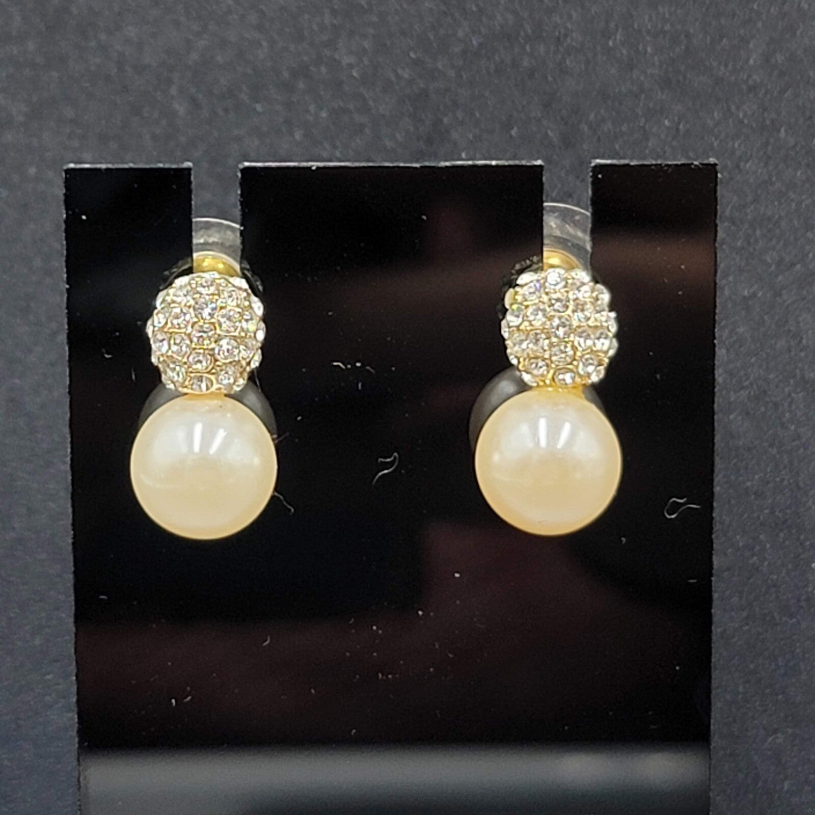 Pierced Earrings Imitation Pearl Crystal Rhinestone Drop 3/4"