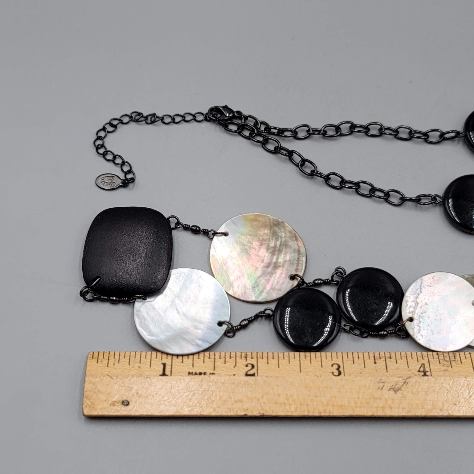 Cookie Lee Black Wood Shell Station Necklace Statement Long 30"+