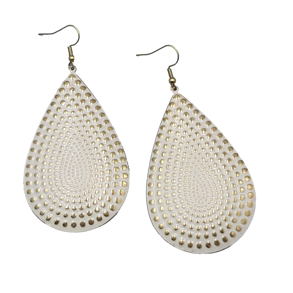 Large Statement Teardrop White Enamel Pierced Earrings Gold tone Dangle 3"