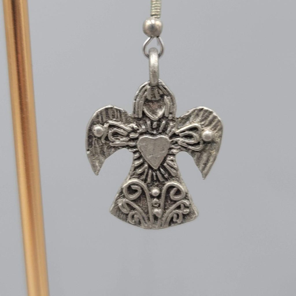 Vintage Angel Heart Pierced Earrings Pewter Silver tone Dangle  1.25 in
