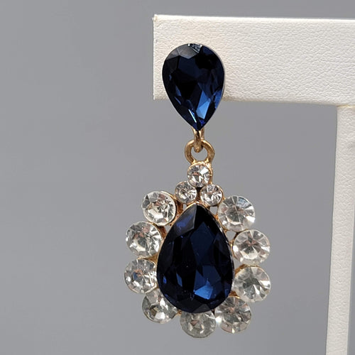 Blue Teardrop Glass Pierced Earrings Gold tone Dangle 2"