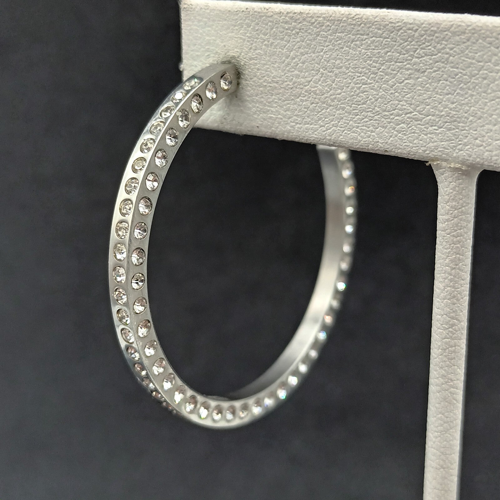 Pierced Earrings Silver tone Rhinestone Studded Statement Hoop 1 5/8"