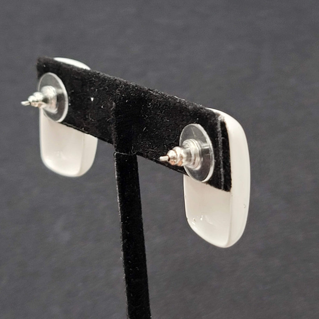 Vintage Pierced Earrings White Enamel over Metal Rectangle Drop 1"