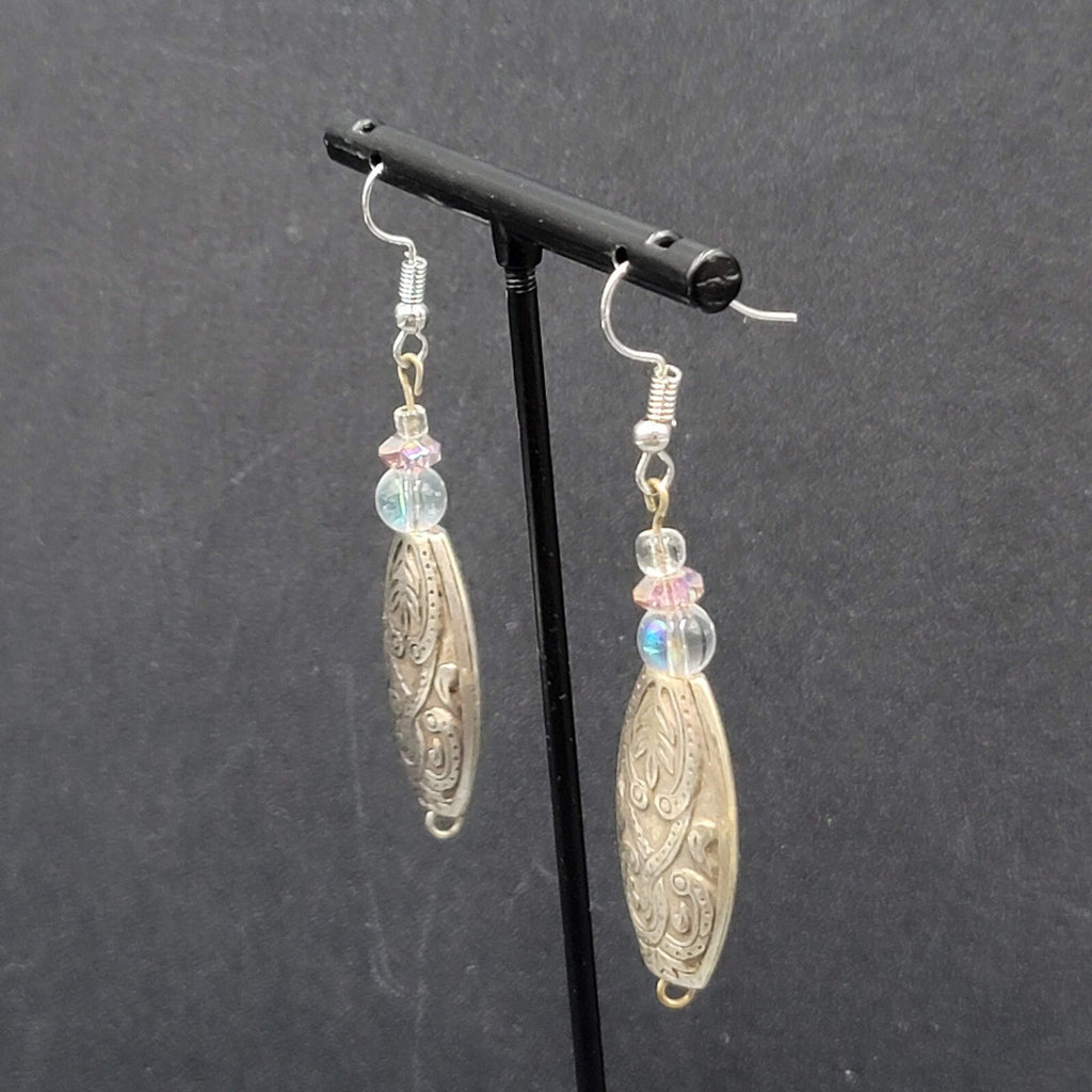 Pierced Earrings Silver tone Clear Purple Beaded Dangle 1.75"