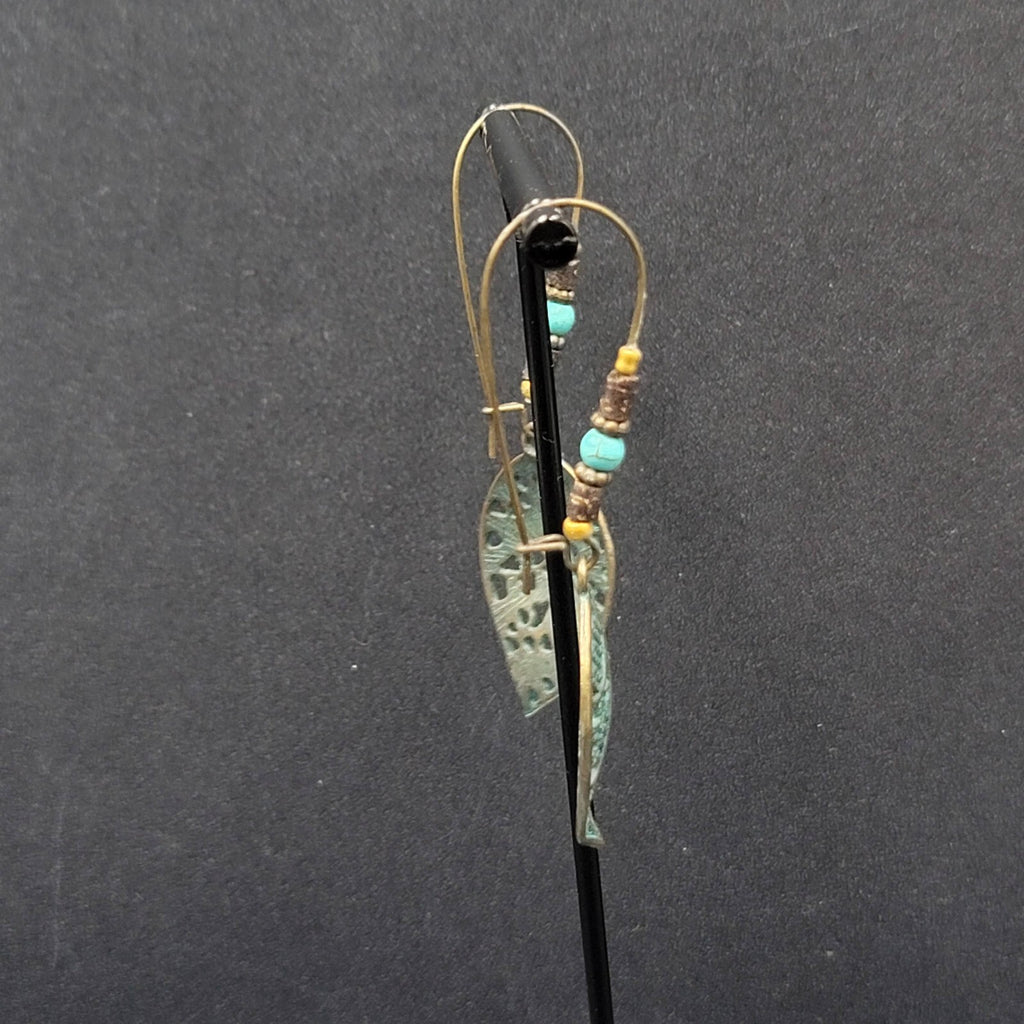 Boho Pierced Earrings Bronze tone Faux Patina Leaf Beaded 2.75"