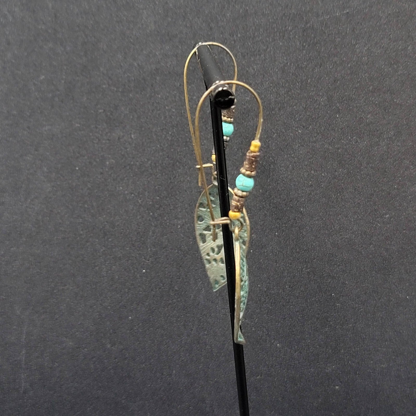 Boho Pierced Earrings Bronze tone Faux Patina Leaf Beaded 2.75"