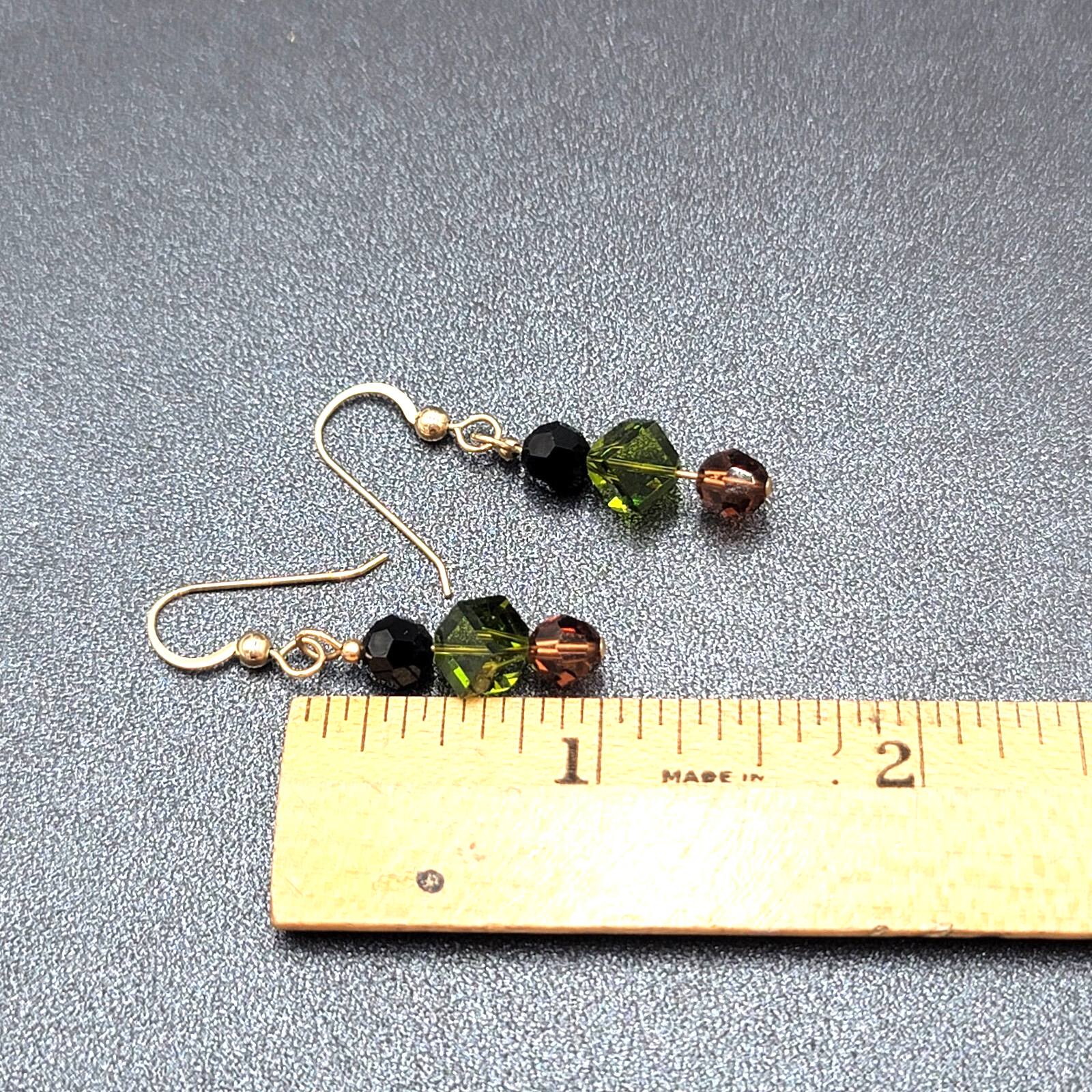 Pierced Earrings Gold tone Black Green Brown Crystal Bead Dangle 1"