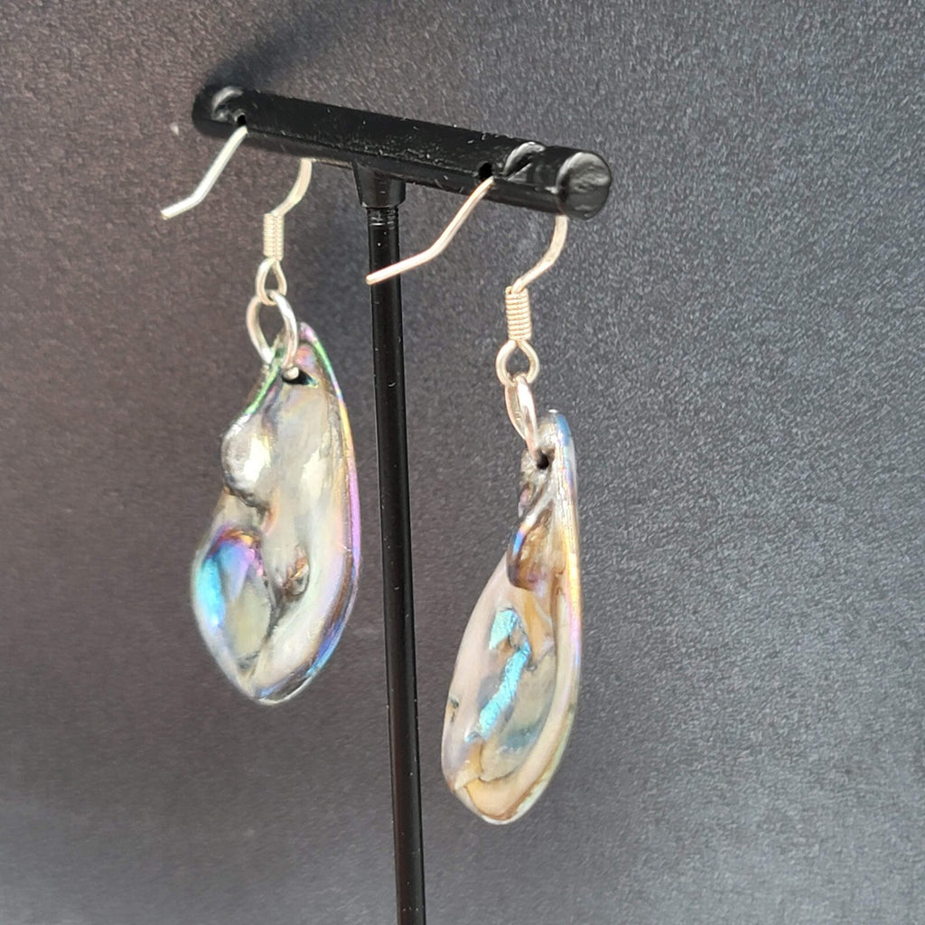 Real Seashell Pierced Earrings Blue Iridescent Sheen Dangle 1 3/8"