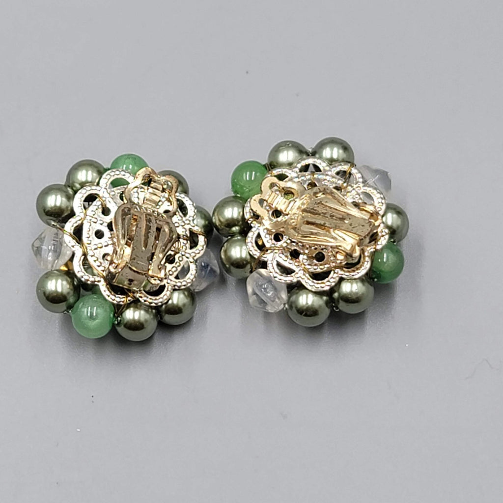 Vintage Green Cluster Bead Clip on Earrings 1"