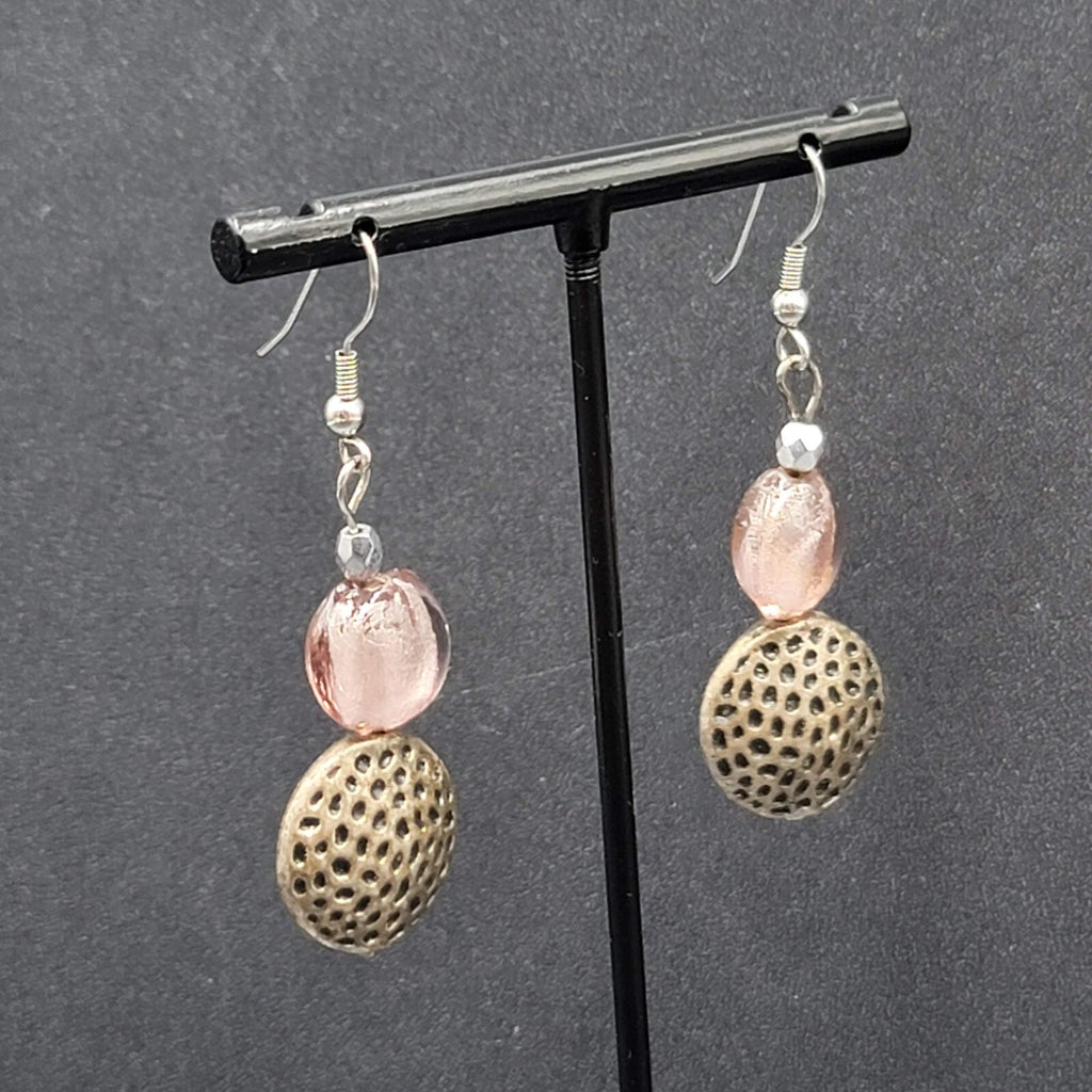 Pierced Earrings Silver tone Pink Glass Beaded Dangle 1.5"