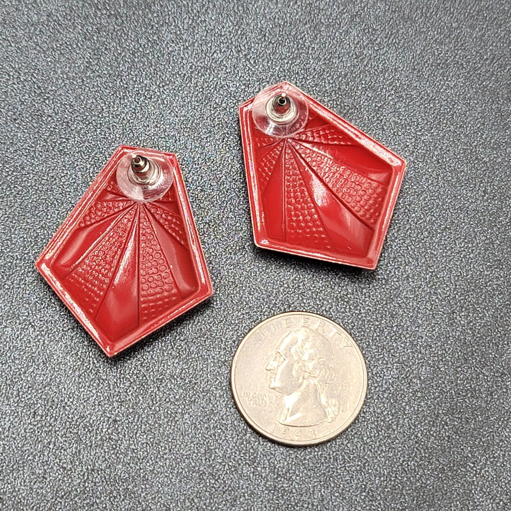 Vintage Pierced Earrings Red Embossed Enamel over Metal Drop 1.5"