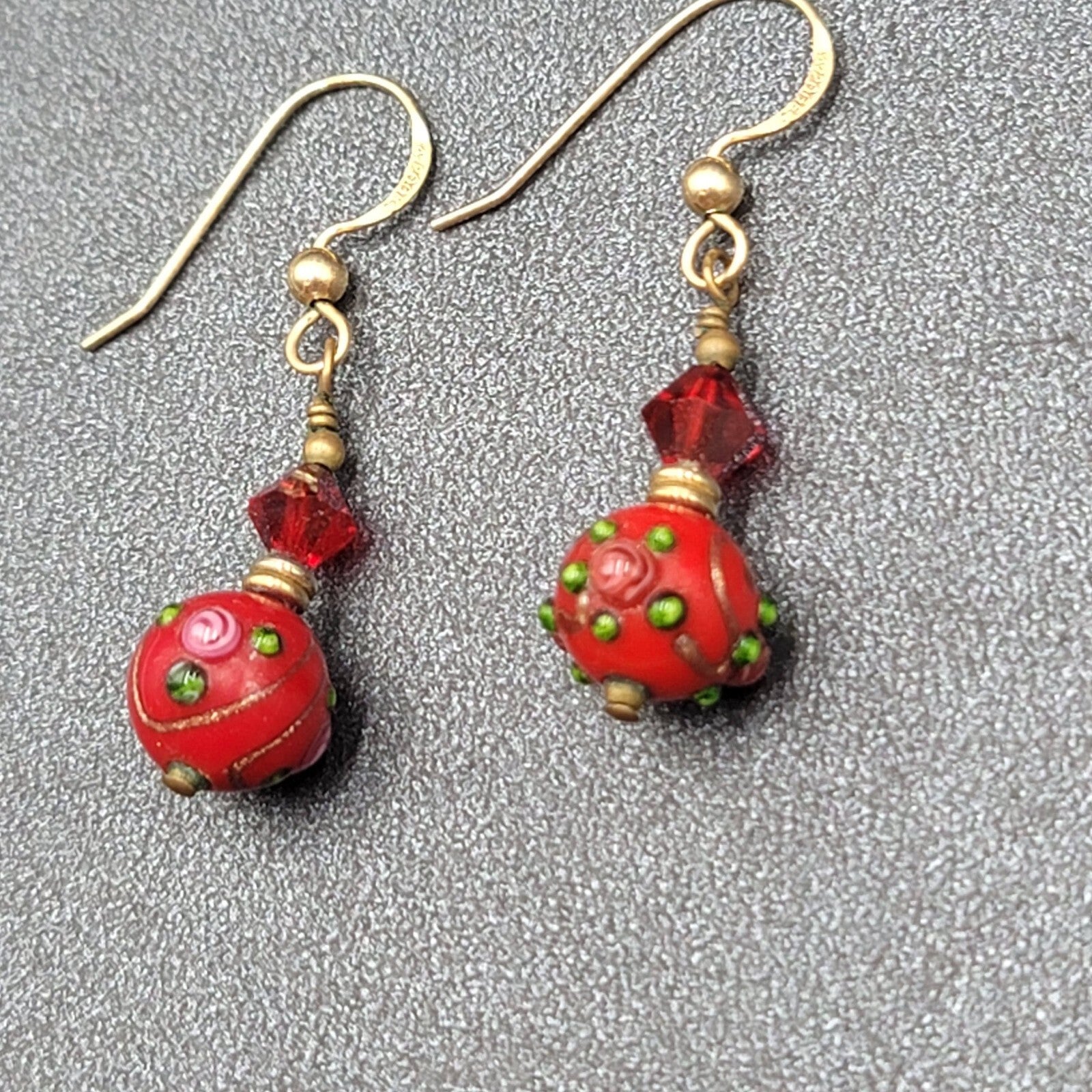 Gold Filled Pierced Earrings Red Glass Wedding Cake Bead Flowers 1"