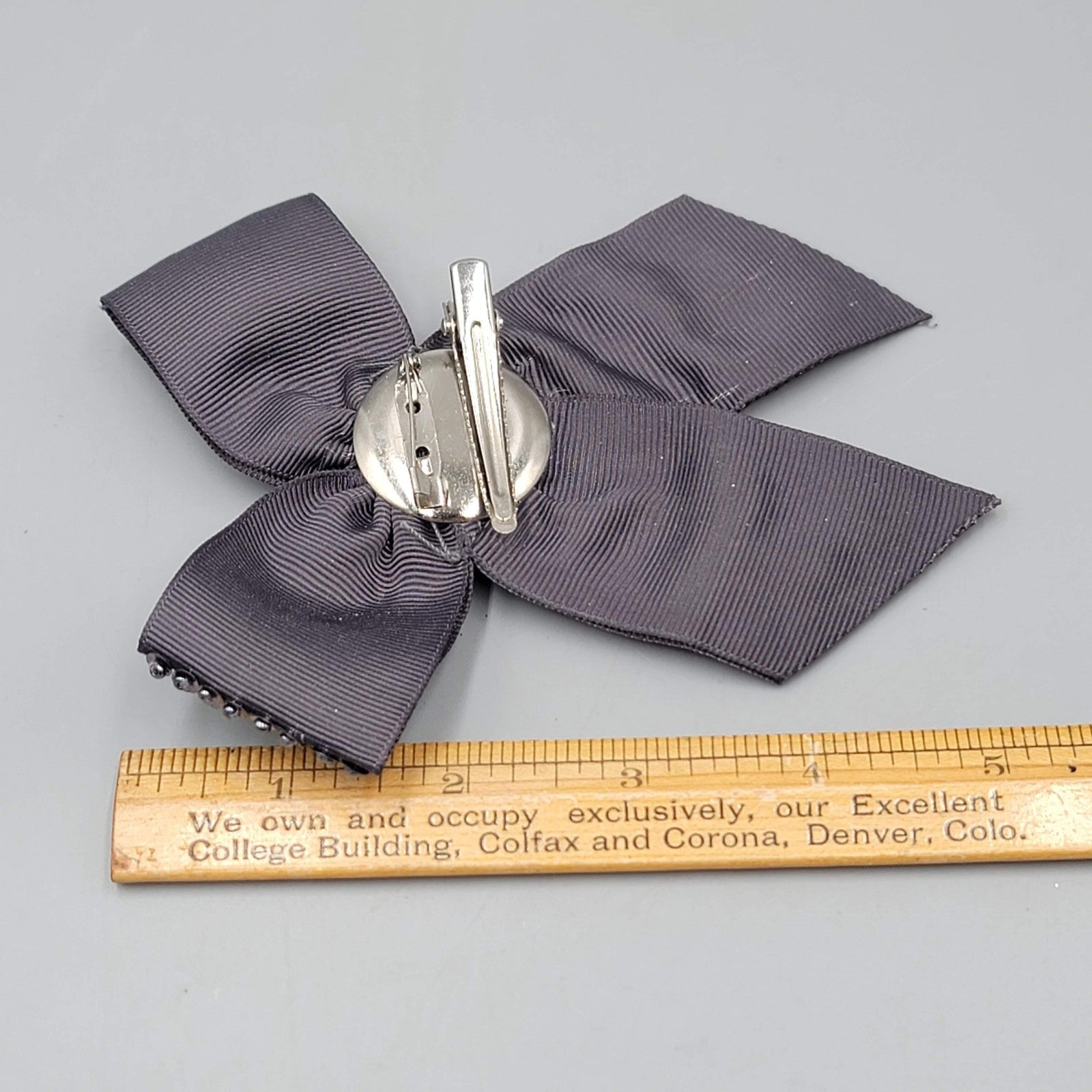 Beaded Bow Brooch Hair Clip Gray Ribbon Rhinestone Crystal Accent Pin 5 Inch