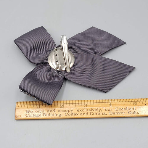 Beaded Bow Brooch Hair Clip Gray Ribbon Rhinestone Crystal Accent Pin 5 Inch