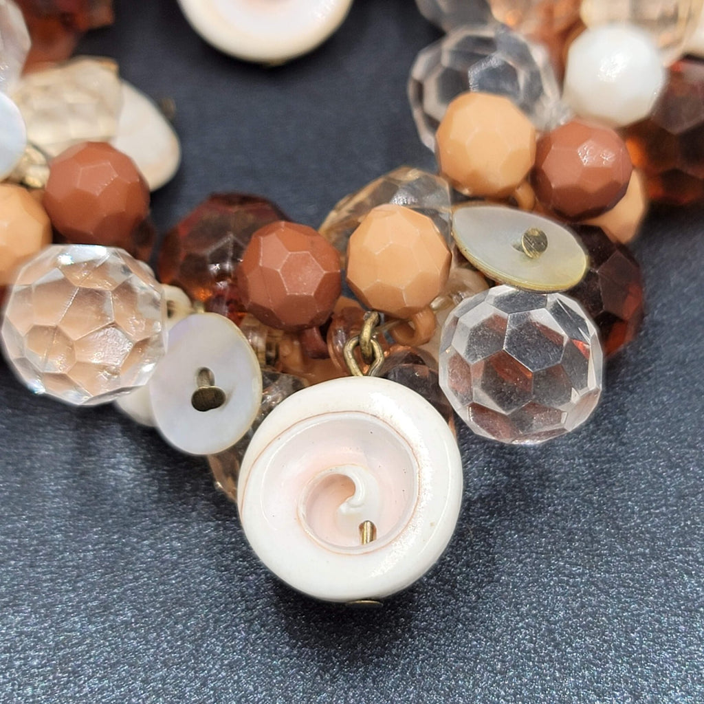 Cluster Bead Bracelet Faceted Acrylic and Shell Browns Creams Stretch Elastic