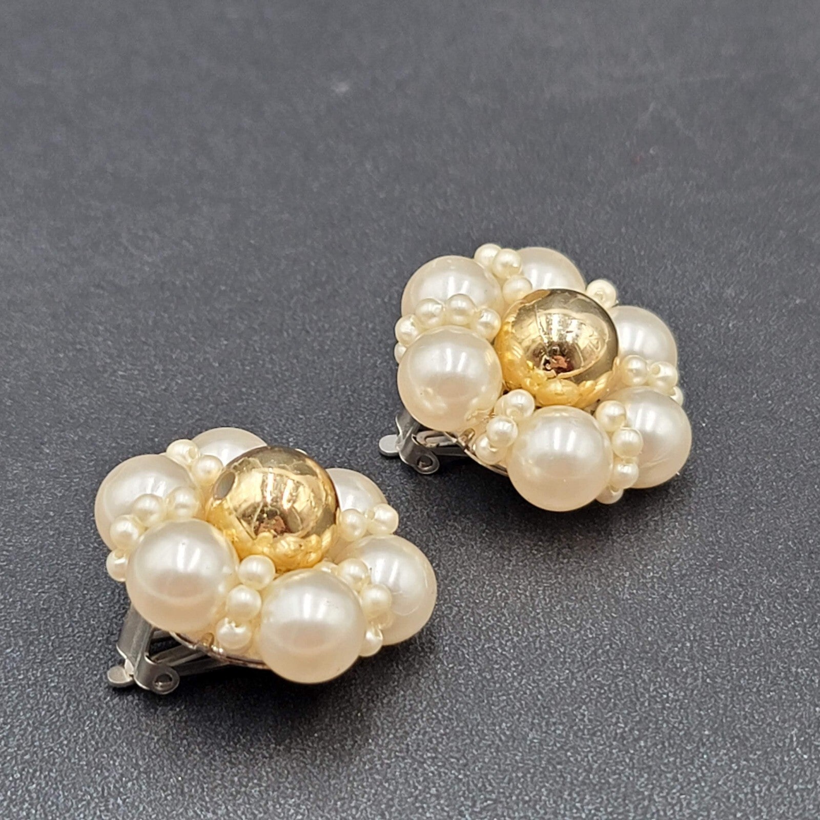Vintage Clip on Earrings Gold tone Faux Pearl Cluster Flower 1 1/8" Lightweight