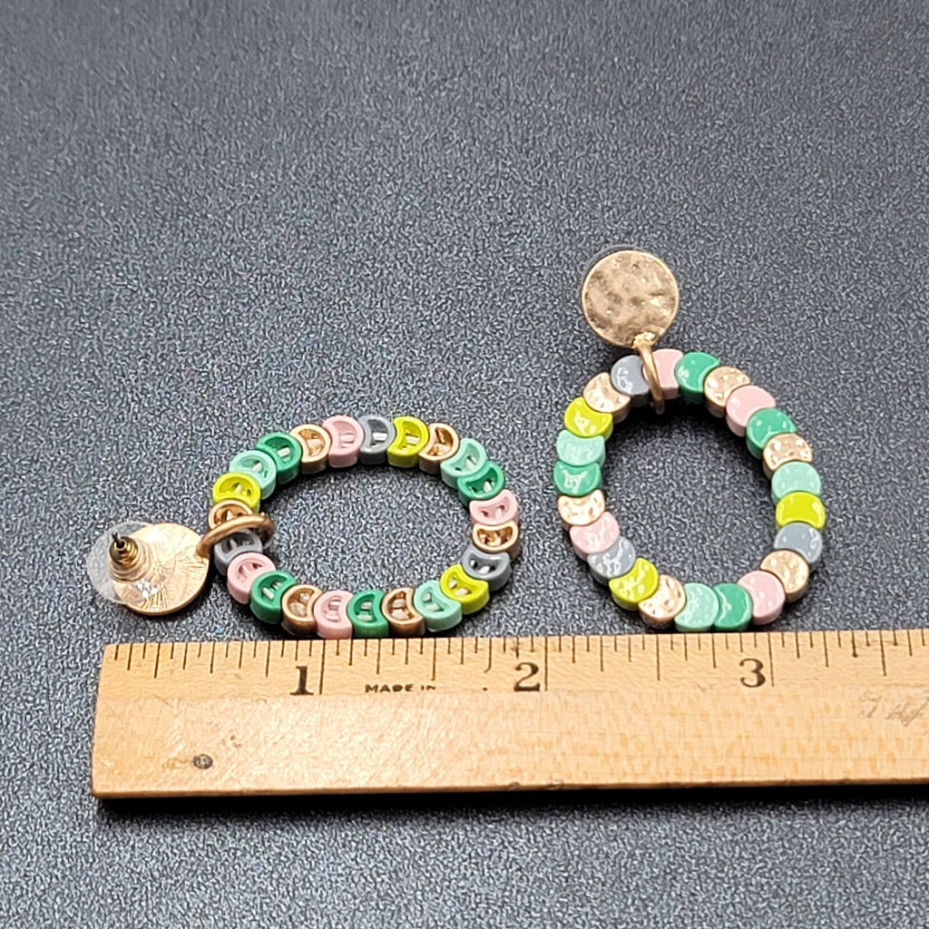 Pierced Earrings Gold tone Multicolor Strung Beads Hoop 2"