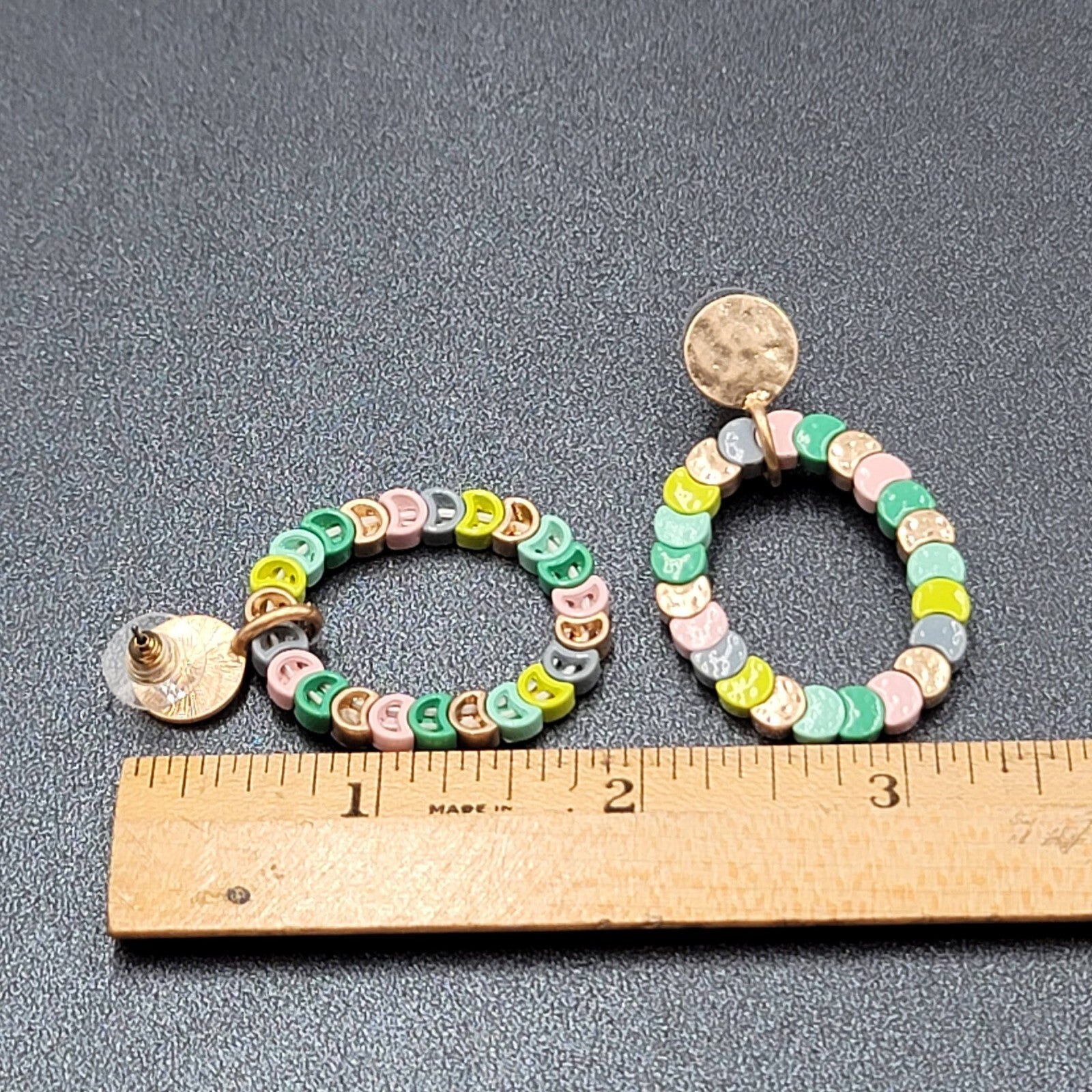 Pierced Earrings Gold tone Multicolor Strung Beads Hoop 2"