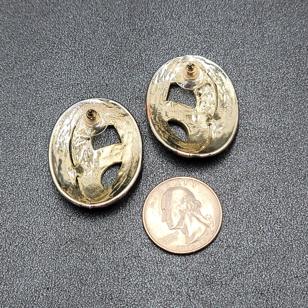 Vintage Pierced Earrings Purple Teal Blue Swirl Enamel Gold tone Drop 1.5"