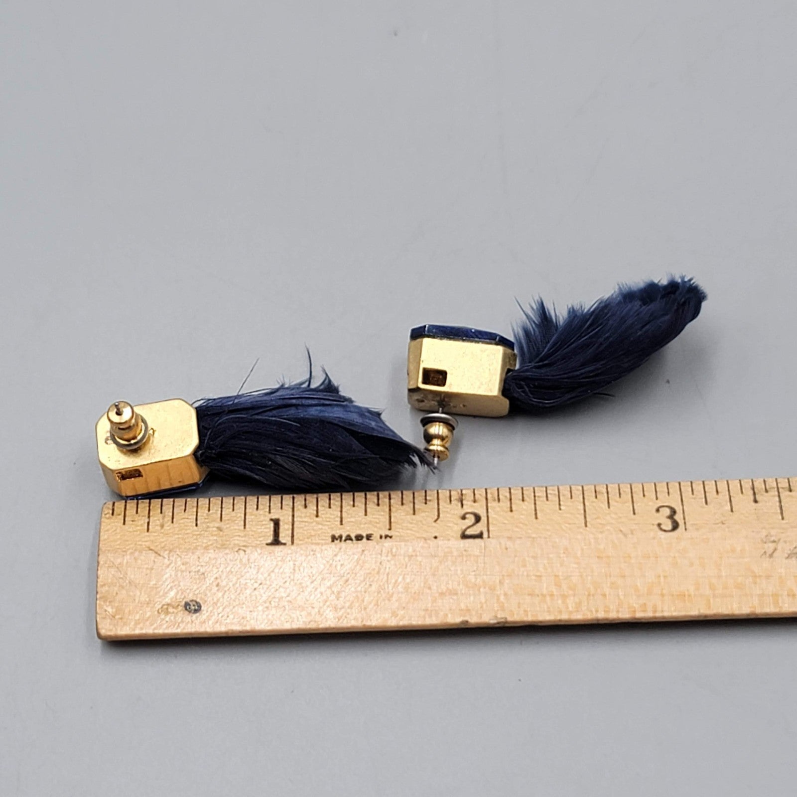 Real Feather Dark Blue Rhinestone Pierced Earrings Drop 1.5 in