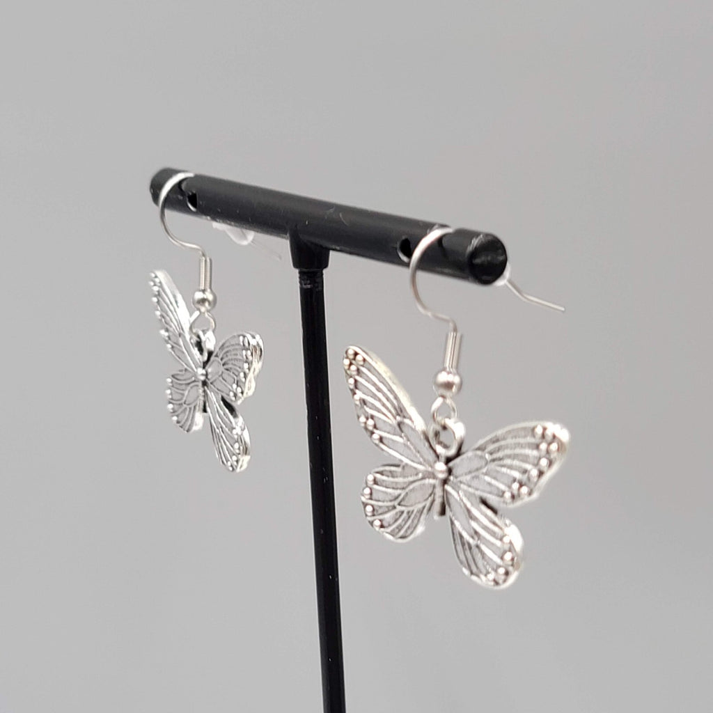 Butterfly Pierced Earrings Silver tone Embossed Dangle 3/4"