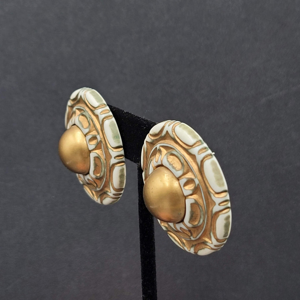 Vintage Pierced Earrings Large Statement Engraved Green Gold White Acrylic  1.5"
