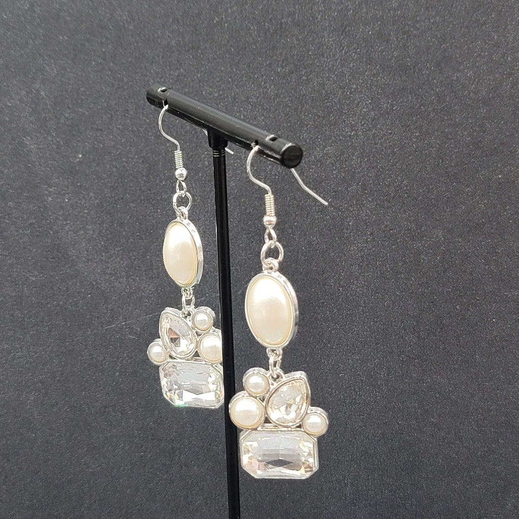 Pierced Earrings Silver Plated Faux Pearl Glass Accents Dangle 1.75"