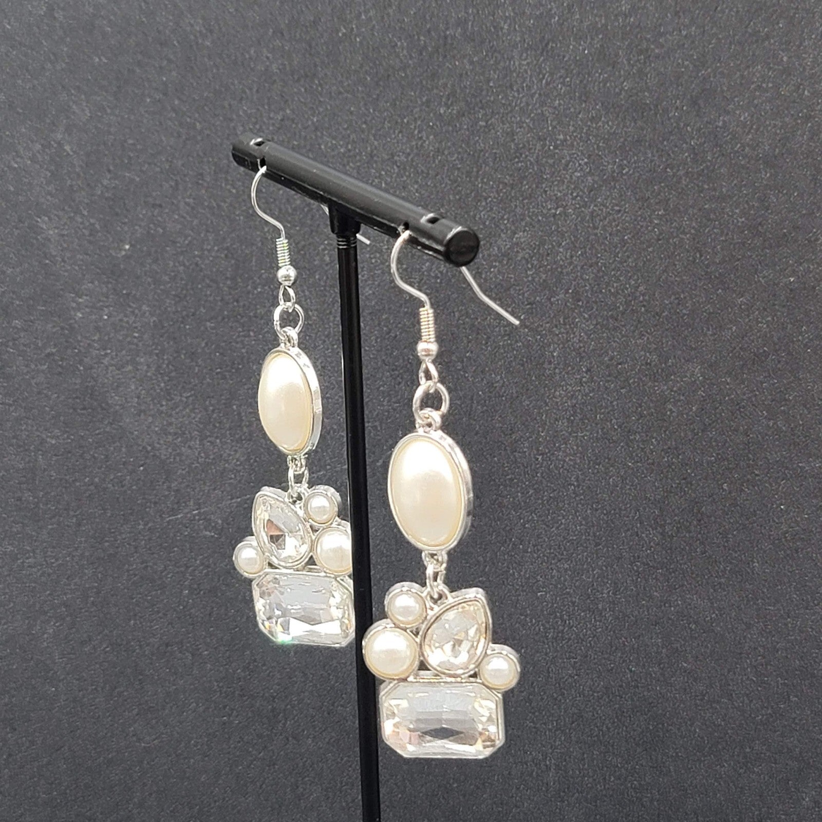 Pierced Earrings Silver Plated Faux Pearl Glass Accents Dangle 1.75"