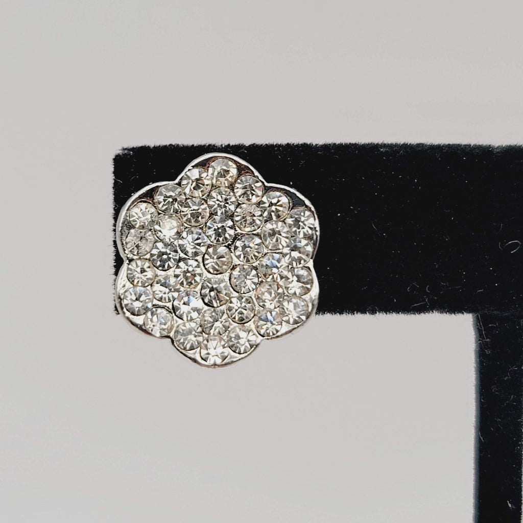 Vintage Rhinestone Flower Shape Clip on Earrings Silver tone 5/8 in