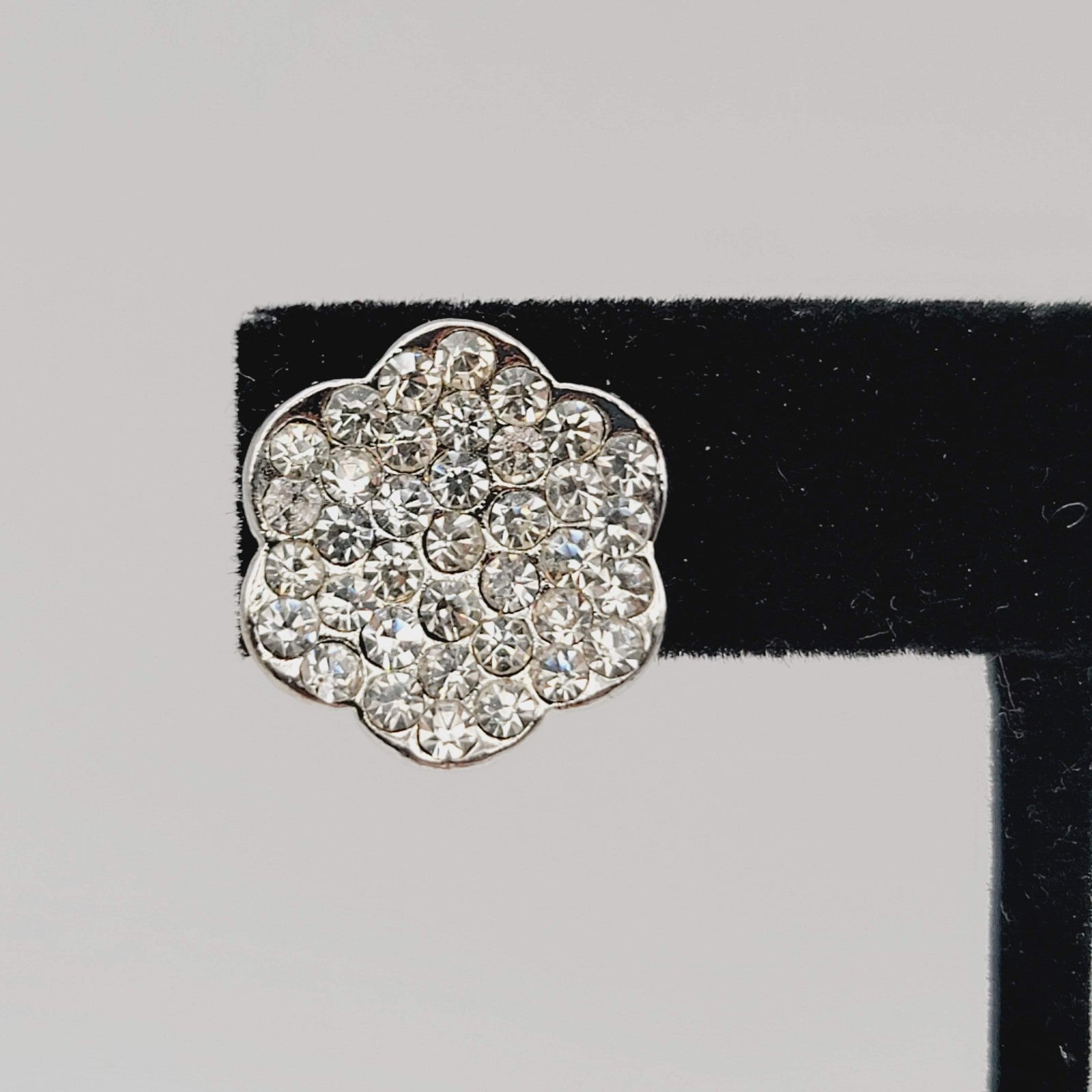 Vintage Rhinestone Flower Shape Clip on Earrings Silver tone 5/8 in