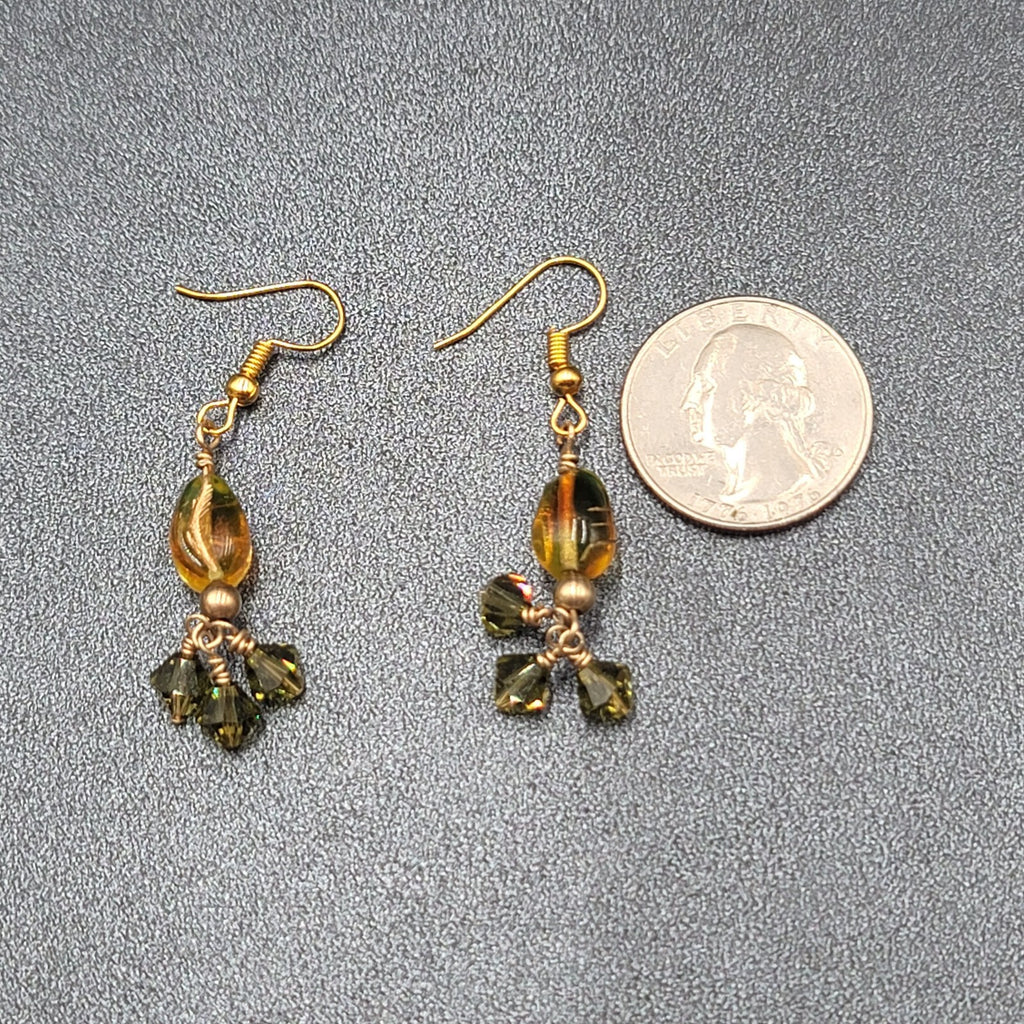 Pierced Earrings Gold tone Art Glass and Green Crystal Beads 1.25"