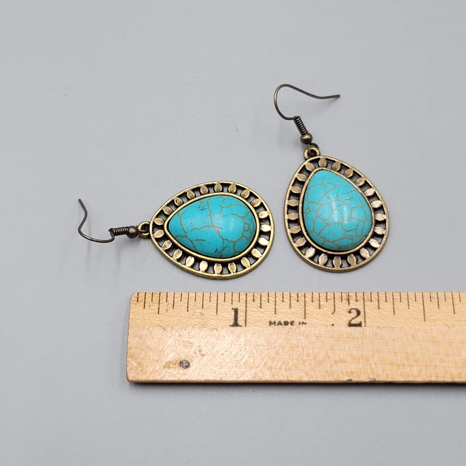 Teardrop Pierced Earrings Bronze tone Blue Howlite Dangle 1 1/8"