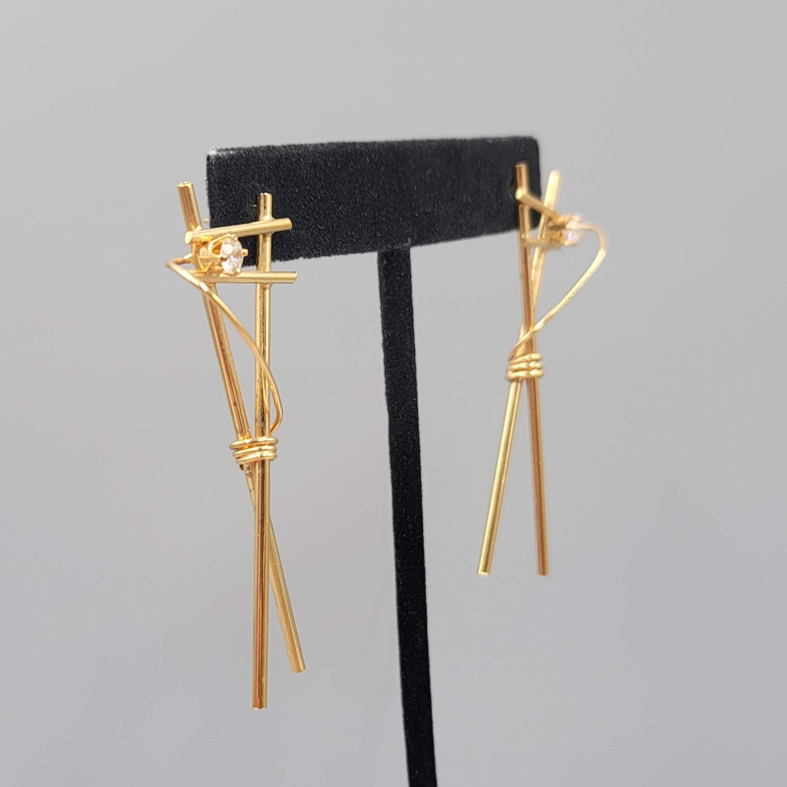 Vintage Pierced Earrings Gold tone Drop CZ Stone Unique 2 3/8"