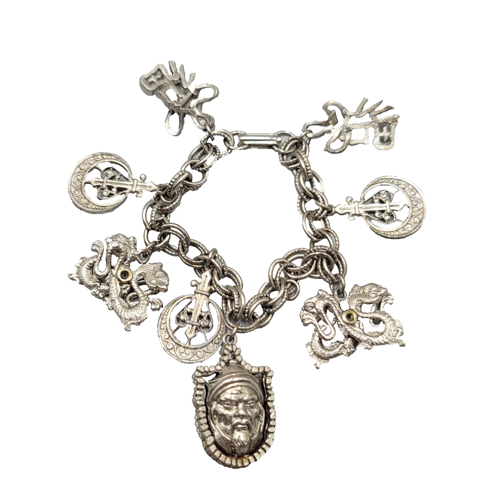 Vintage HAR HARGO Charm Bracelet Asian Silver tone Chunky 6.75 in