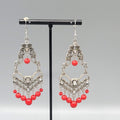 Chandelier Pierced Earrings Silver tone Red Bead Crystal Rhinestone 2.5"