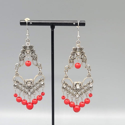 Chandelier Pierced Earrings Silver tone Red Bead Crystal Rhinestone 2.5"