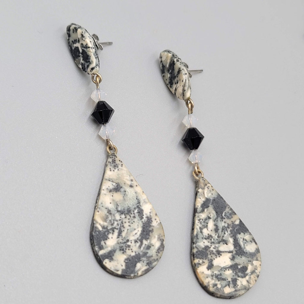 Long Pierced Earrings Gray Black Beaded Teardrop Dangle Signed 2 5/8"