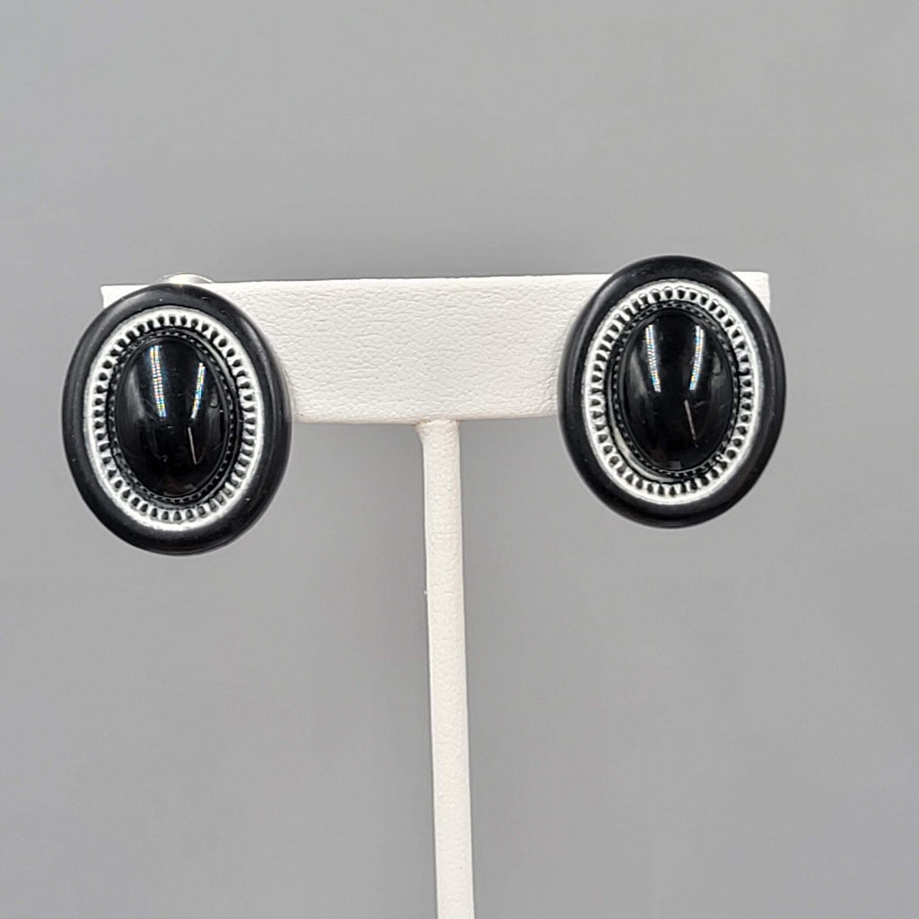 Vintage Black Oval Drop Clip on Earrings White Edge 1"