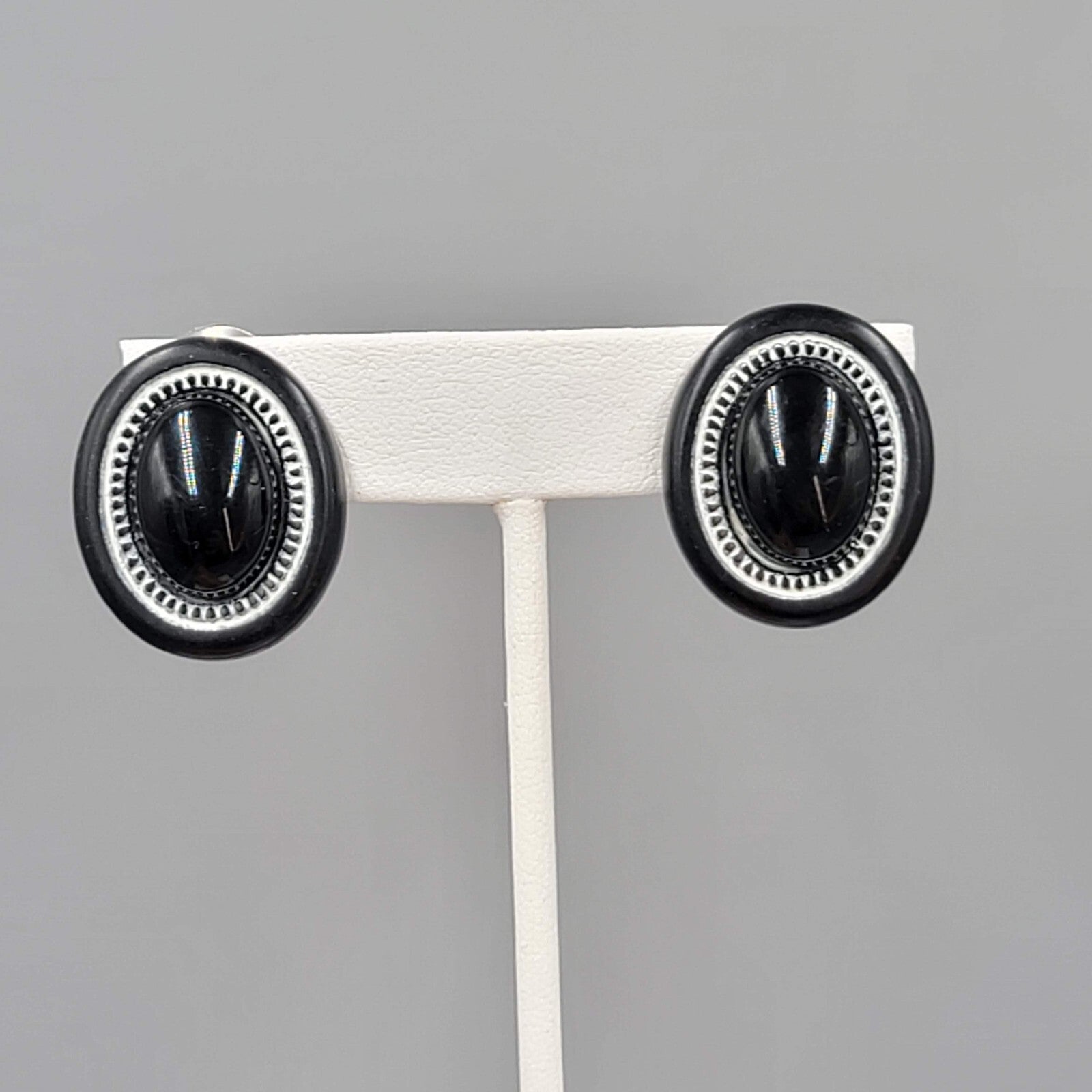 Vintage Black Oval Drop Clip on Earrings White Edge 1"
