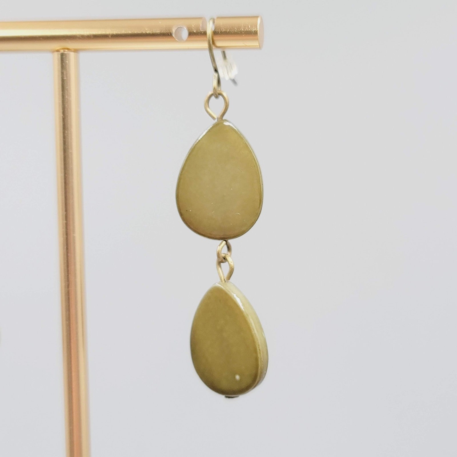 Teardrop Dangle Pierced Earrings Green Dyed Shell Bronze tone 1.75"