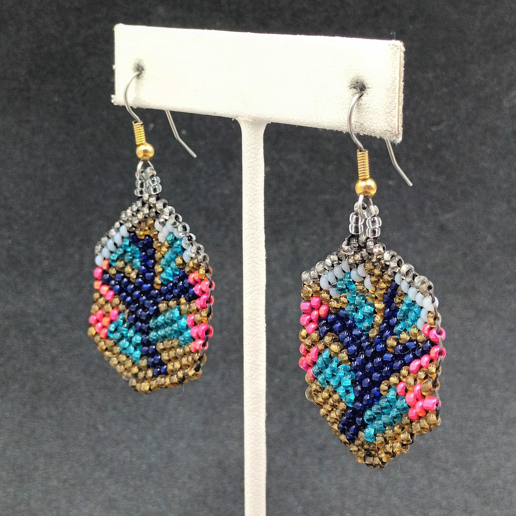 Pierced Earrings Multicolor Seed Bead Art Silver tone Hook Dangle 1 1/2"