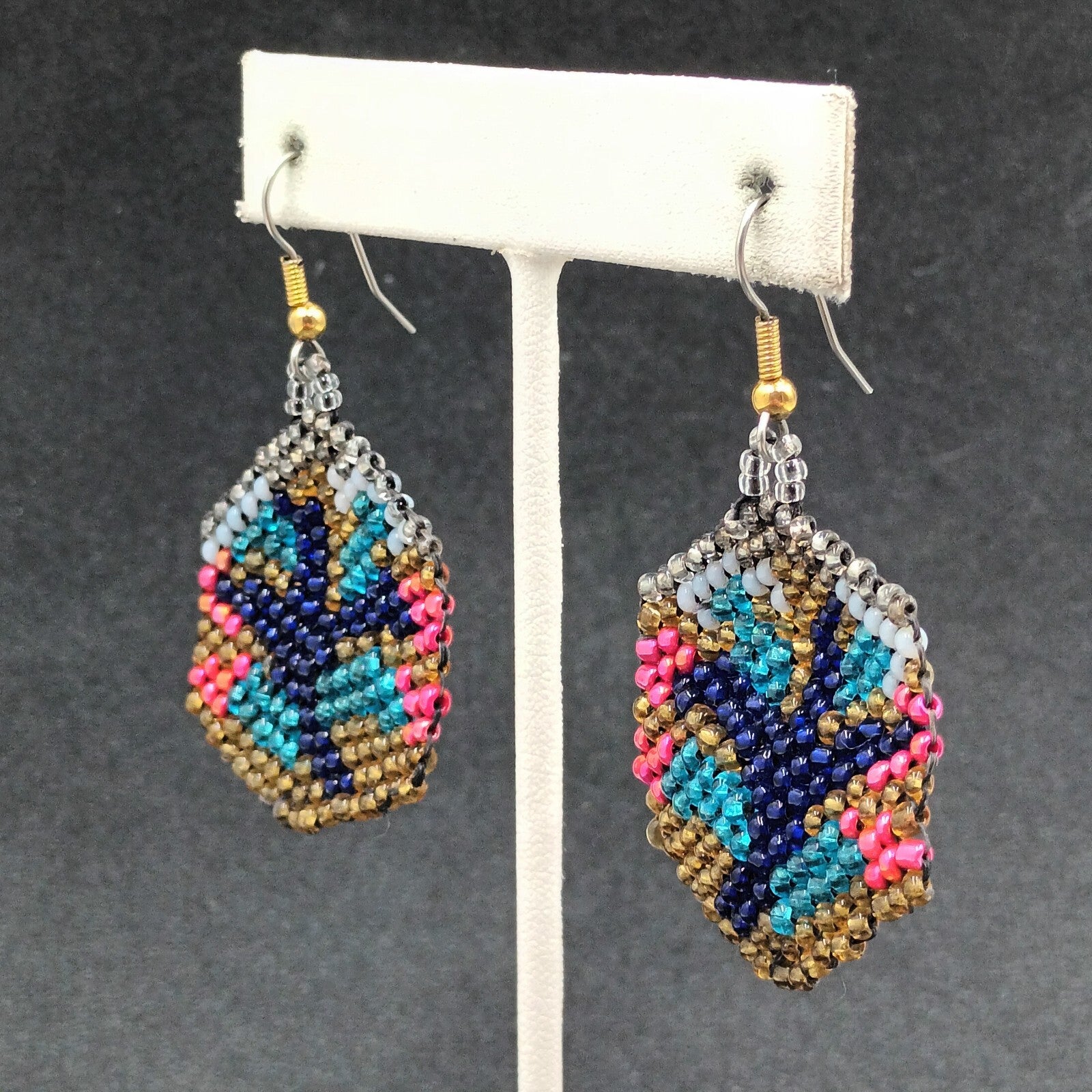 Pierced Earrings Multicolor Seed Bead Art Silver tone Hook Dangle 1 1/2"