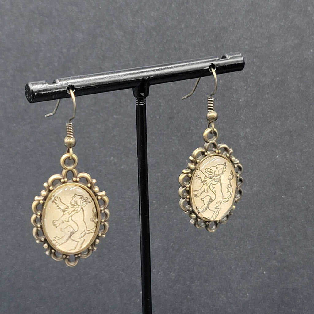 Lions Pierced Earrings Bronze tone Glass Cabochon Dangle 1.25"