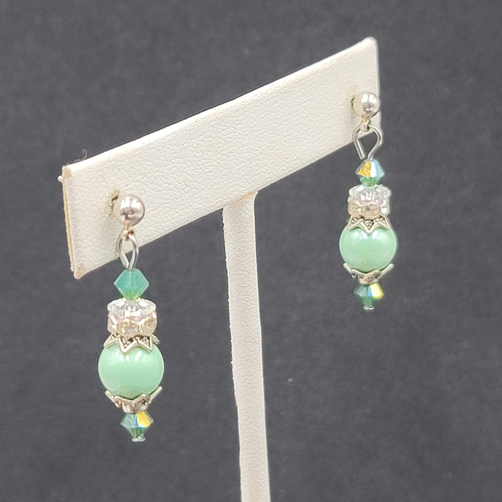 Pierced Earrings Silver tone Green Capped Beaded Dangle 1"