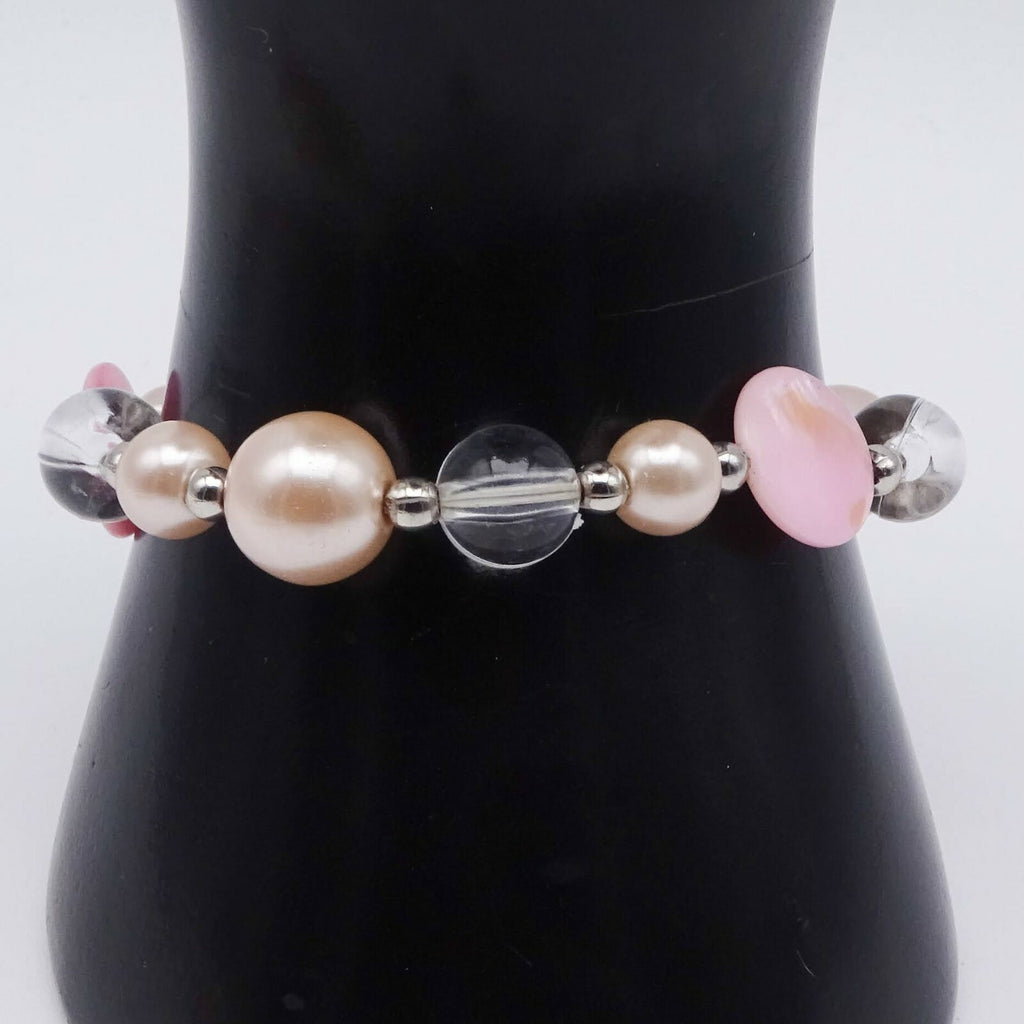 Pink Art Glass Bracelet Shell Faux Pearl Stretch Elastic Silver tone